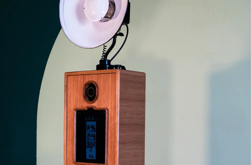 Elegant wooden Glamour Booth photo booth with round studio light and tablet screen display